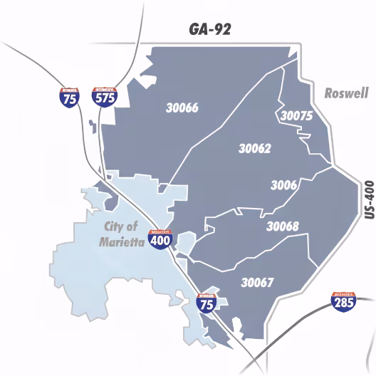 Map of east cobb service area - east of I-75 and I-575, south of GA-92, west of 400, and north of I-285
